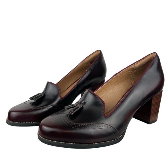 Clarks Artisan Tarah Deep Burgundy Leather Pump Tassel Block Heel Loafer (8.5) - Picture 2 of 12